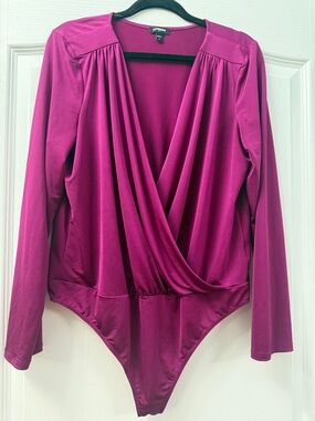 Express Fuchsia Wrap-Front Long Sleeve Bodysuit